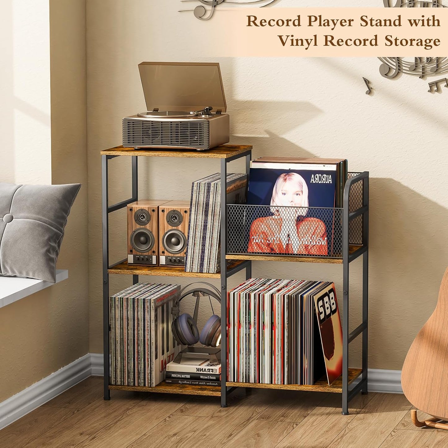 ThreeHio Record Player Stand, Turntable Stand with Vinyl Storage Holds up to 300+ Albums, Storage Cabinet for Vinyl