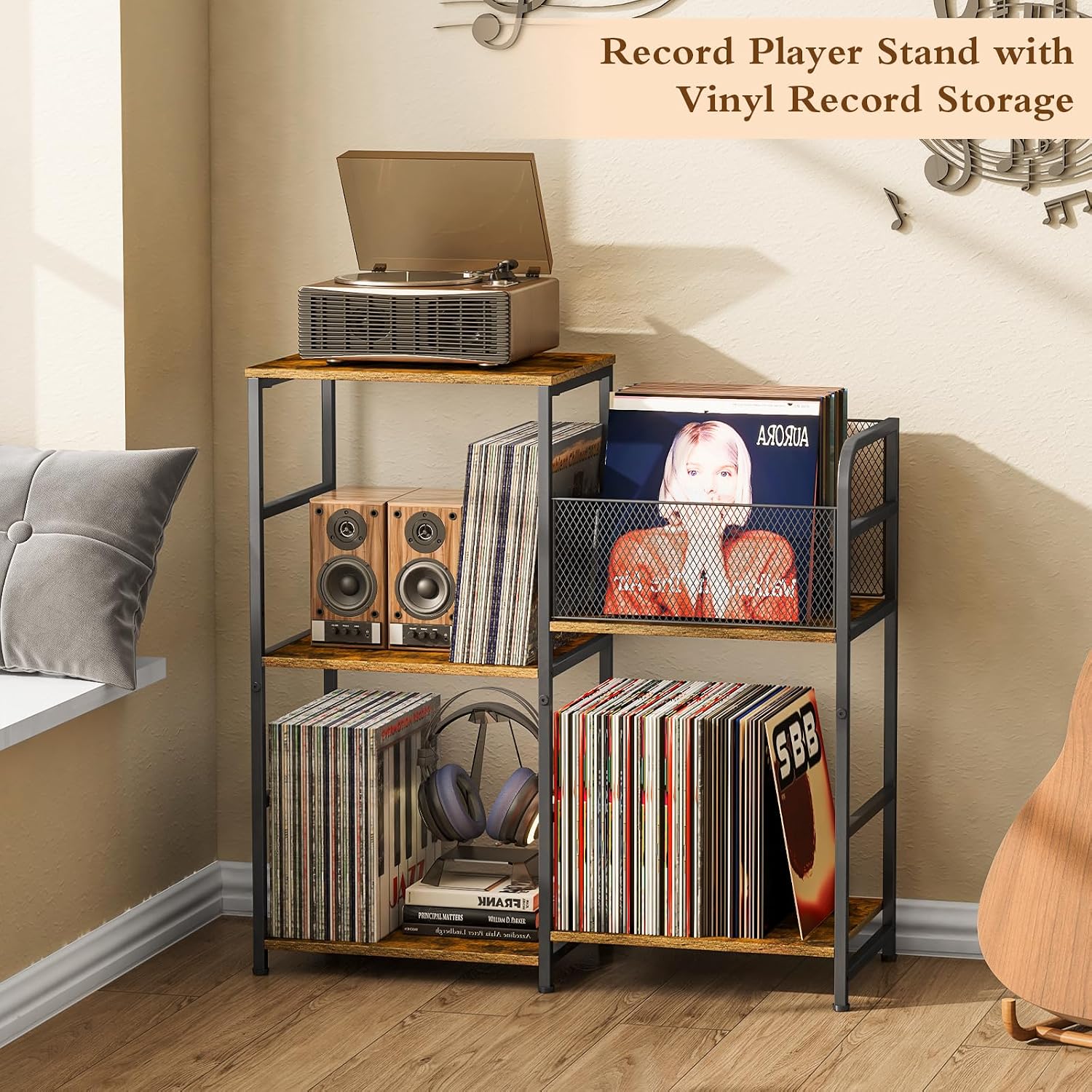 ThreeHio Record Player Stand, Turntable Stand with Vinyl Storage Holds up to 300+ Albums, Storage Cabinet for Vinyl