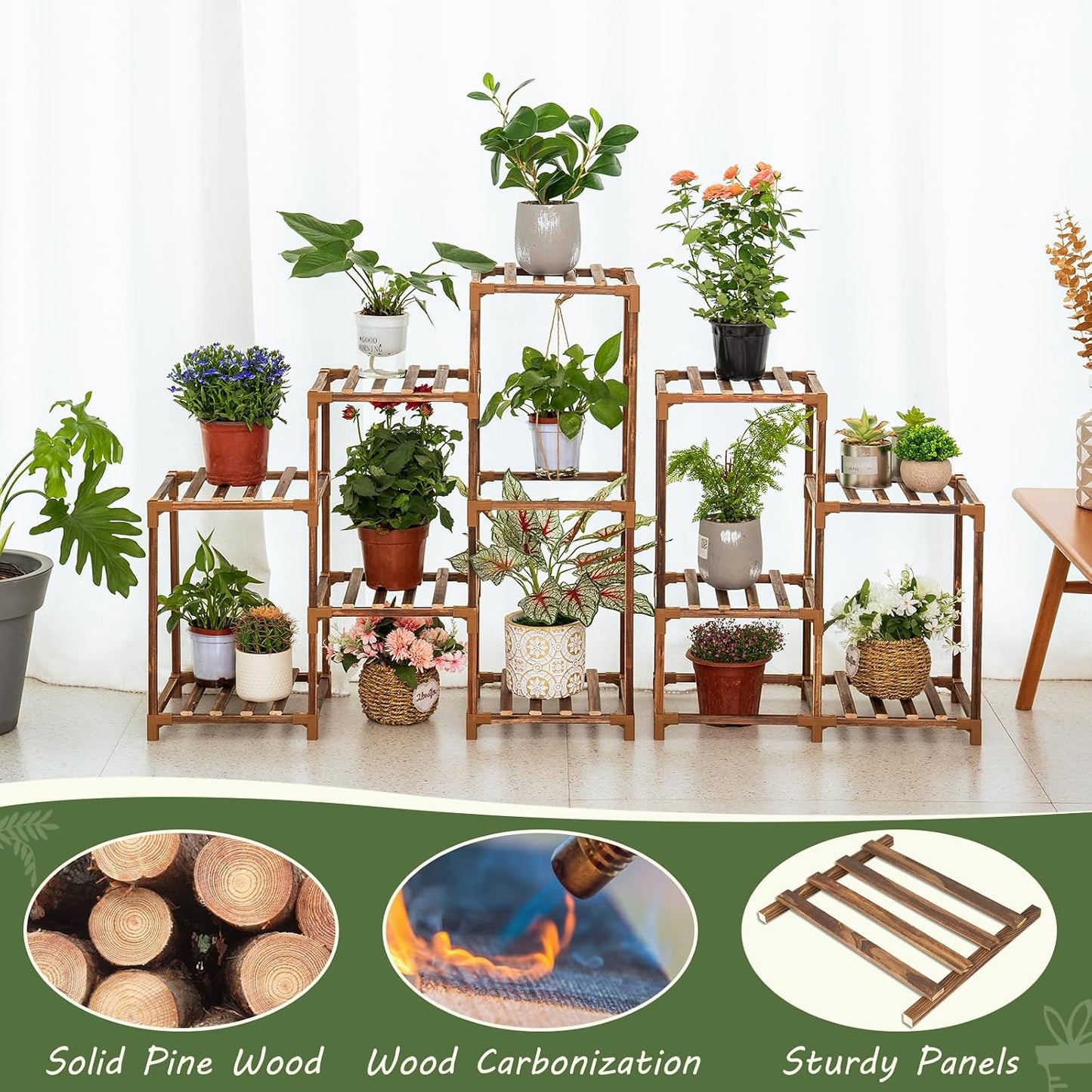 Plant Stand Indoor Outdoor, 10 Tiered Plant Shelf Wood Plant Rack | Tall Plant Holder for Multiple Plants, Combination