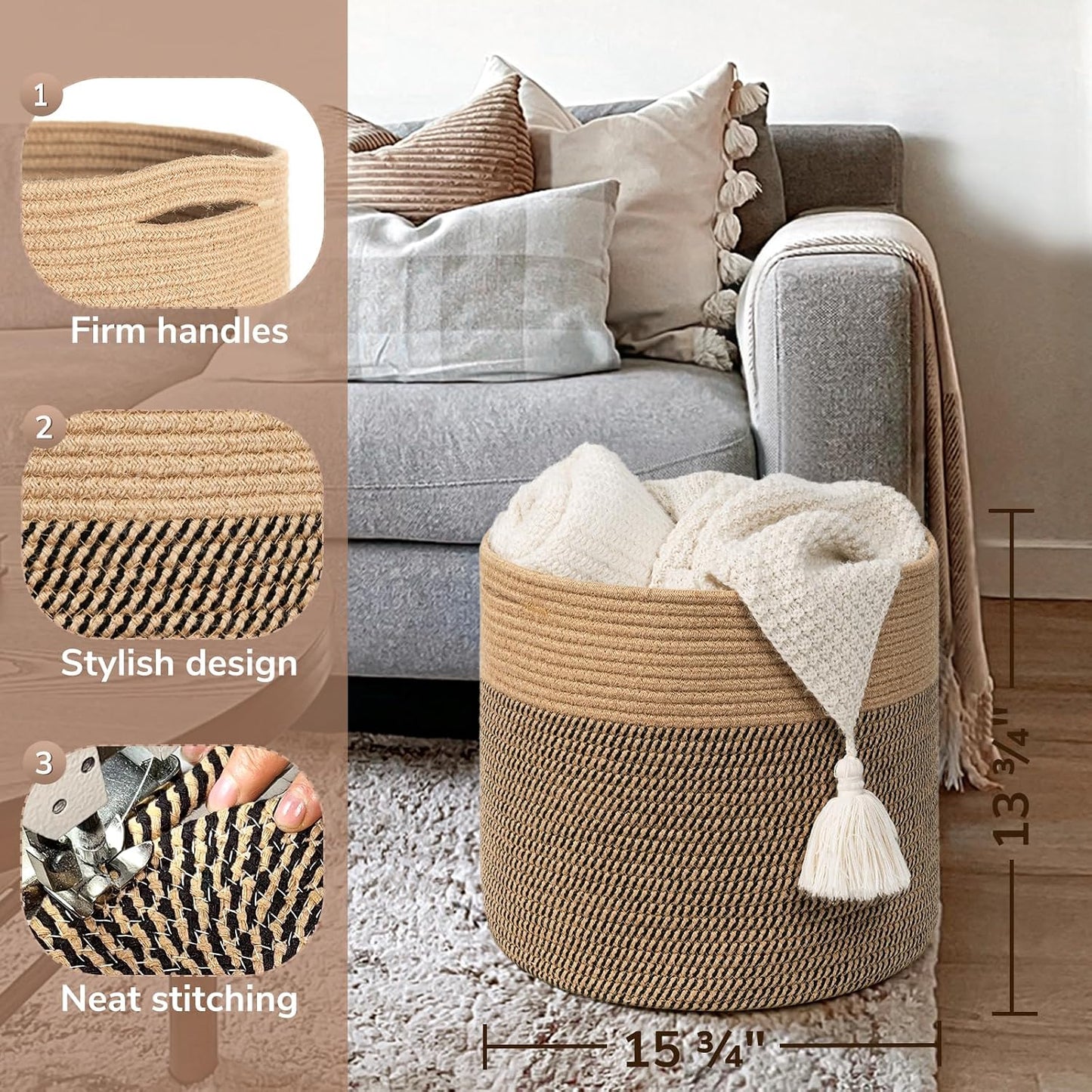 Large Cotton Rope Basket " Wicker Basket for Blankets / Black & Jute / 15.8 x 15.8 x 13.8