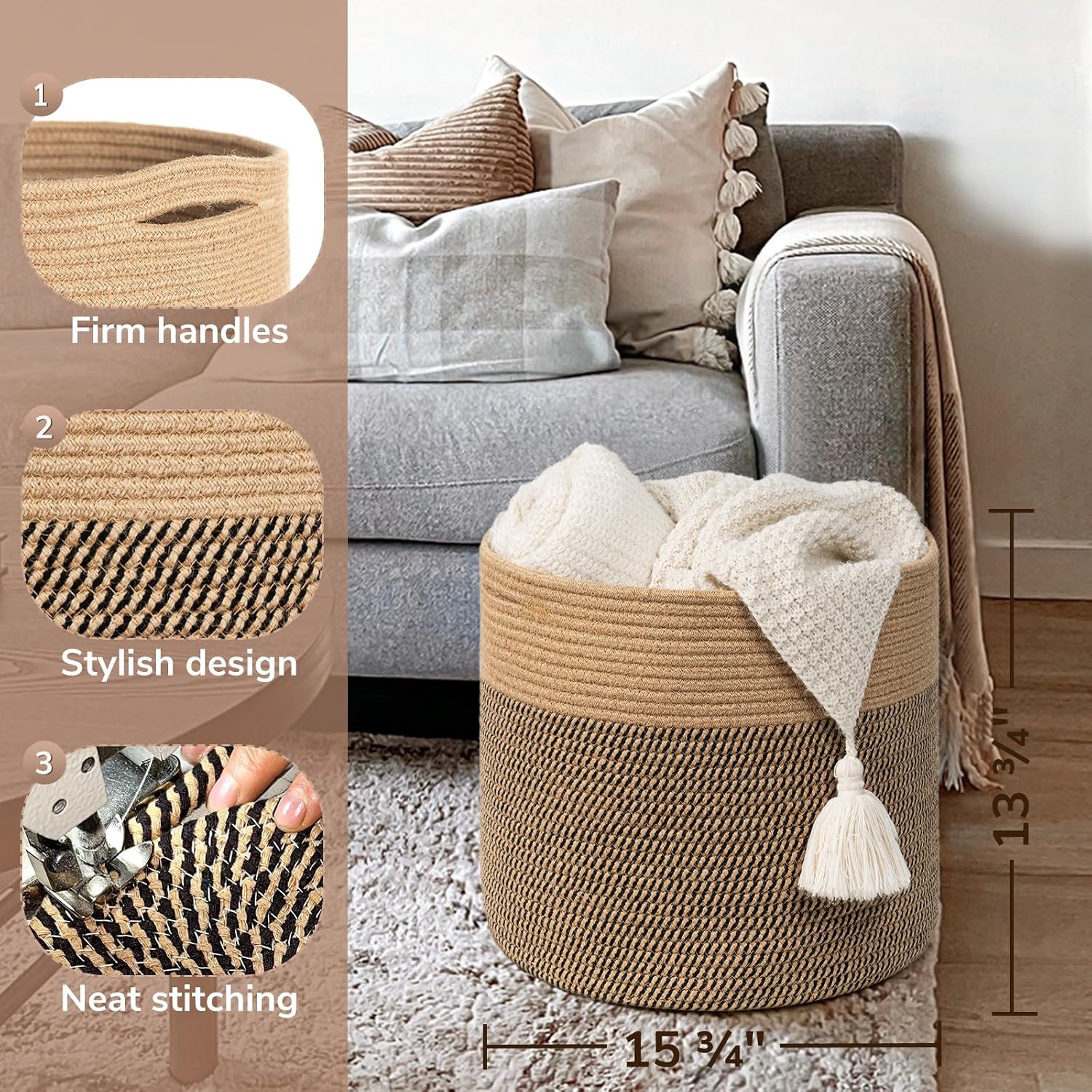 Large Cotton Rope Basket " Wicker Basket for Blankets / Black & Jute / 15.8 x 15.8 x 13.8