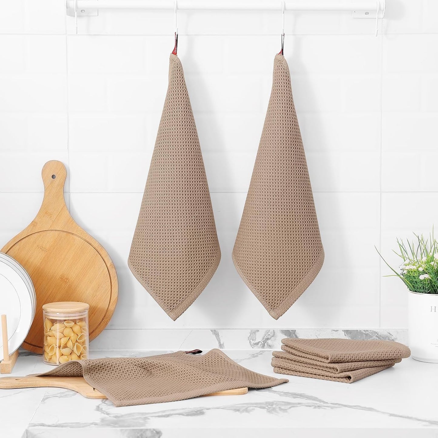 Kitinjoy 100% Cotton Waffle 8-Pack Kitchen Towels, 12" x 12", Tan | Ultra Absorbent, Super Soft, lightweight, Quick