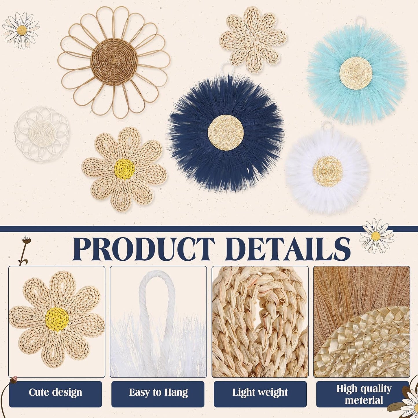 Boho Wall Basket Decor Rattan Flower Wall Decor Nursery Daisy Flower Woven Macrame / Blue / Set of 7