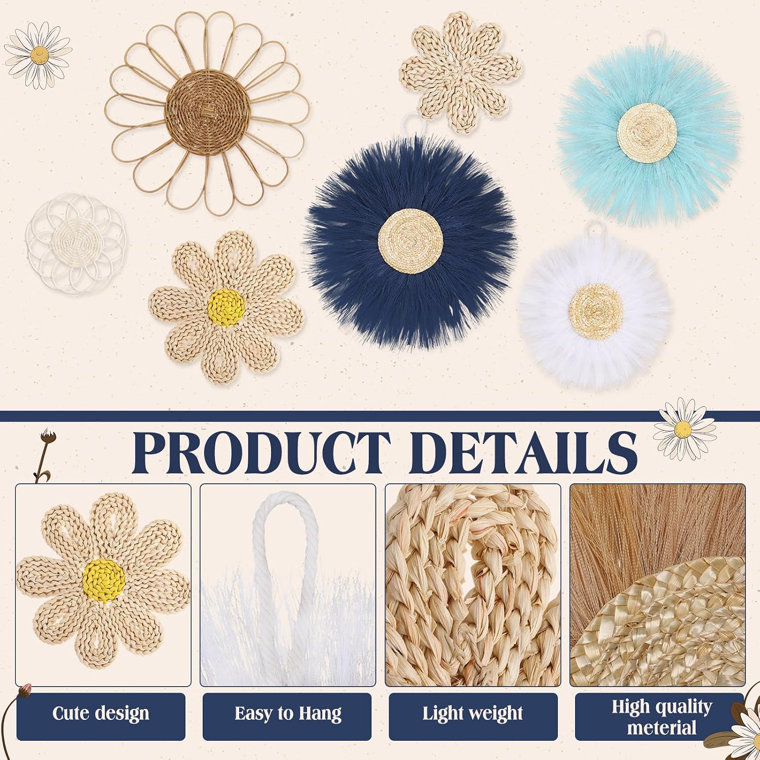 Boho Wall Basket Decor Rattan Flower Wall Decor Nursery Daisy Flower Woven Macrame / Blue / Set of 7