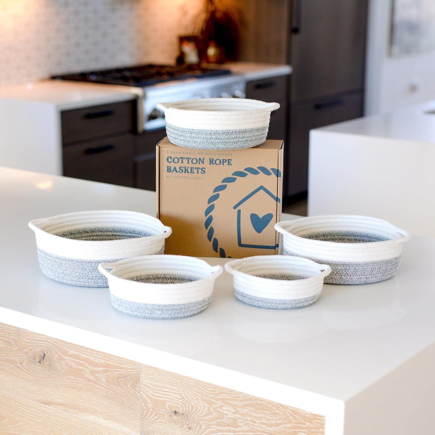5-Piece Round Woven Cotton Rope Storage Baskets for Organizing / Off White & Mixed Gray