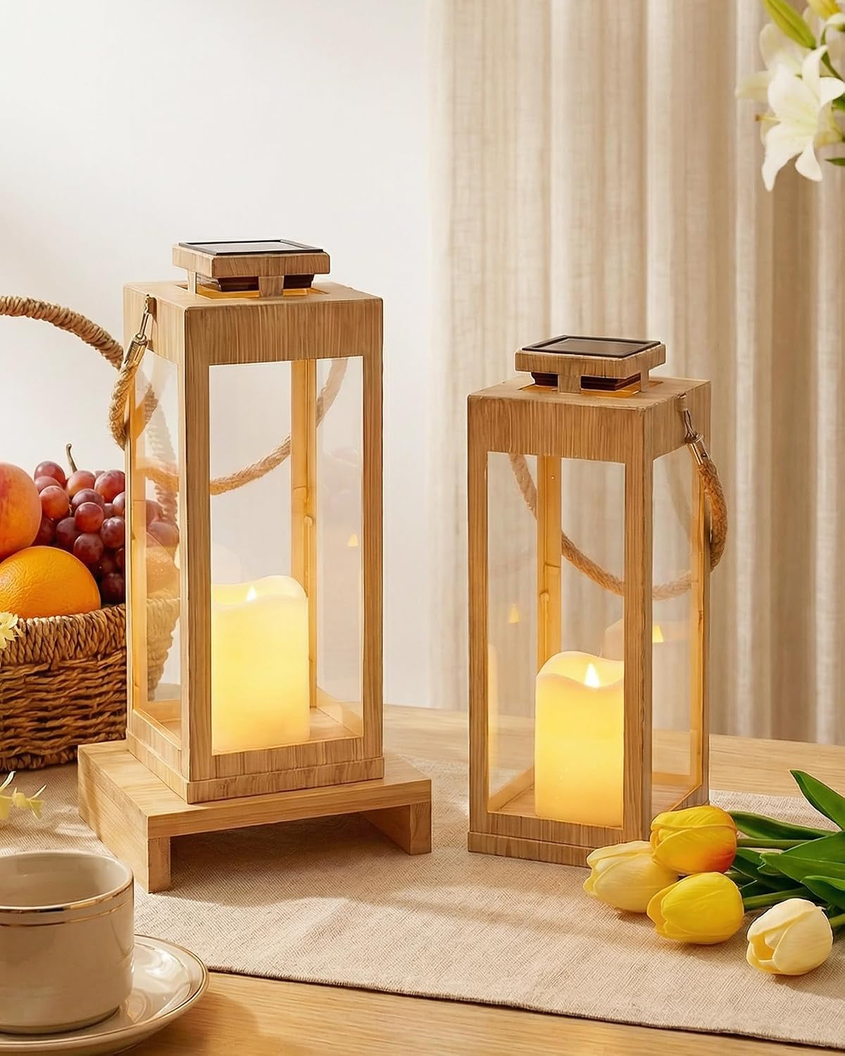 2Pack 13" Metal Decorative Porch Lanterns Solar Lanterns Outdoor Waterproof | LED Flickering Flameless Candle