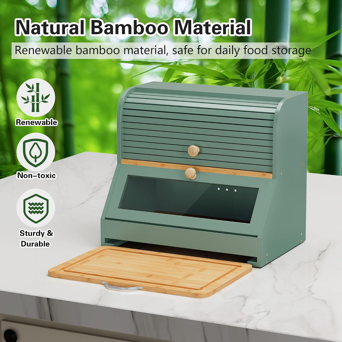 HOLTICO Roll Top Bamboo Bread Box with Cutting Board for Kitchen, Green | 2-Tier Large Wood Bread Bin for Kitchen