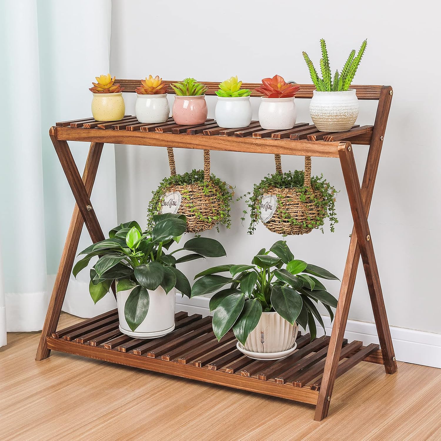 Indoor Plant Stand Shelf for Multiple Plants Hanging 2 Tier Wood | Outdoor Flower Pot Stand Holder with Planter Hanger