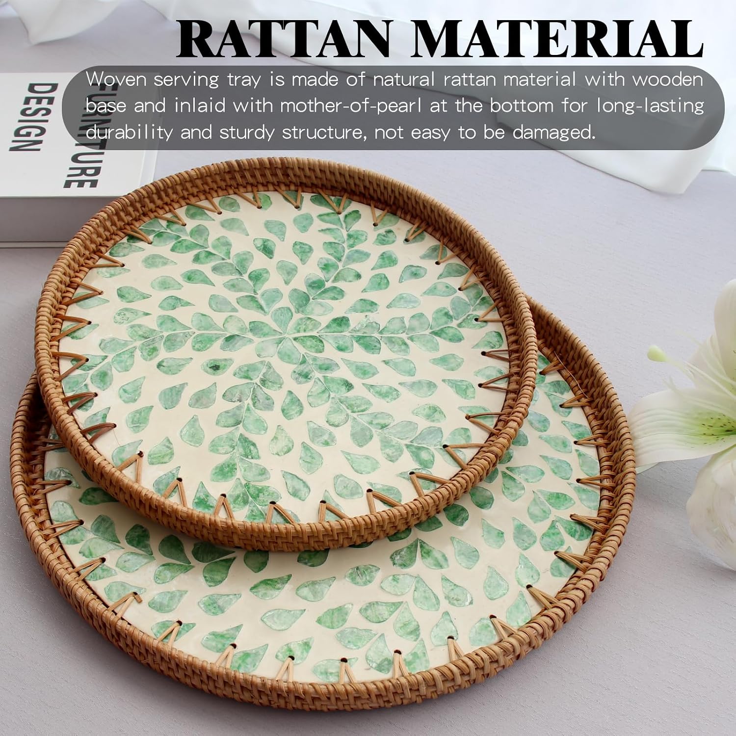 Rattan Mother of Pearl Inlay Serving Tray / Leaf Spring / Set of 2