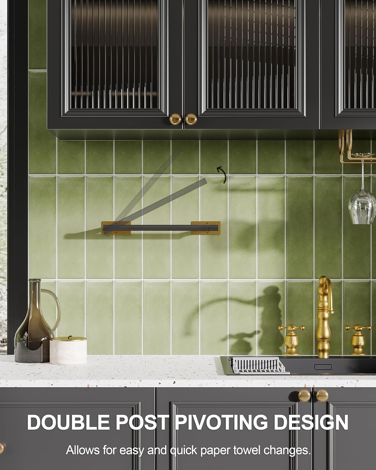 Paper Towel Holder Under Cabinet Self Adhesive Black & Gold | 304 Stainless Steel Post Pivoting Design Wall Mounted &