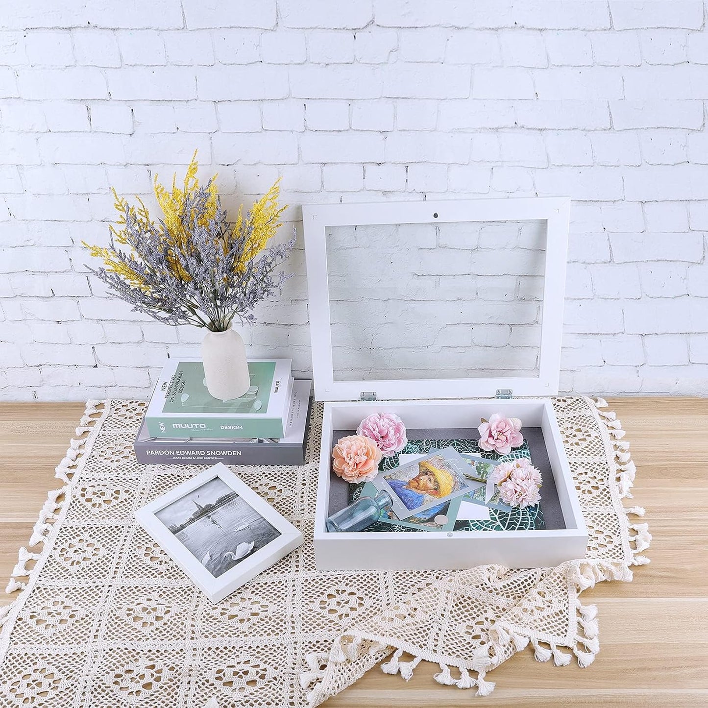 Golden State Art 11x14 White Shadow Box Frame 2 in Depth | 6 Pins Included, Letter Stickers, 3D Picture Frame, Great