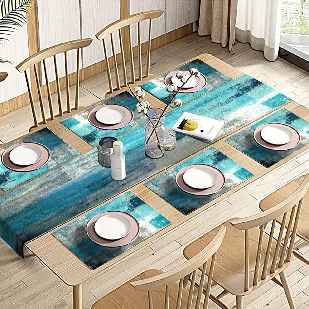 Turquoise Abstract Modern Table Runner and Placemats Set of 6 | Long Teal Blue Retro Graffiti Art Painting Linen Dining