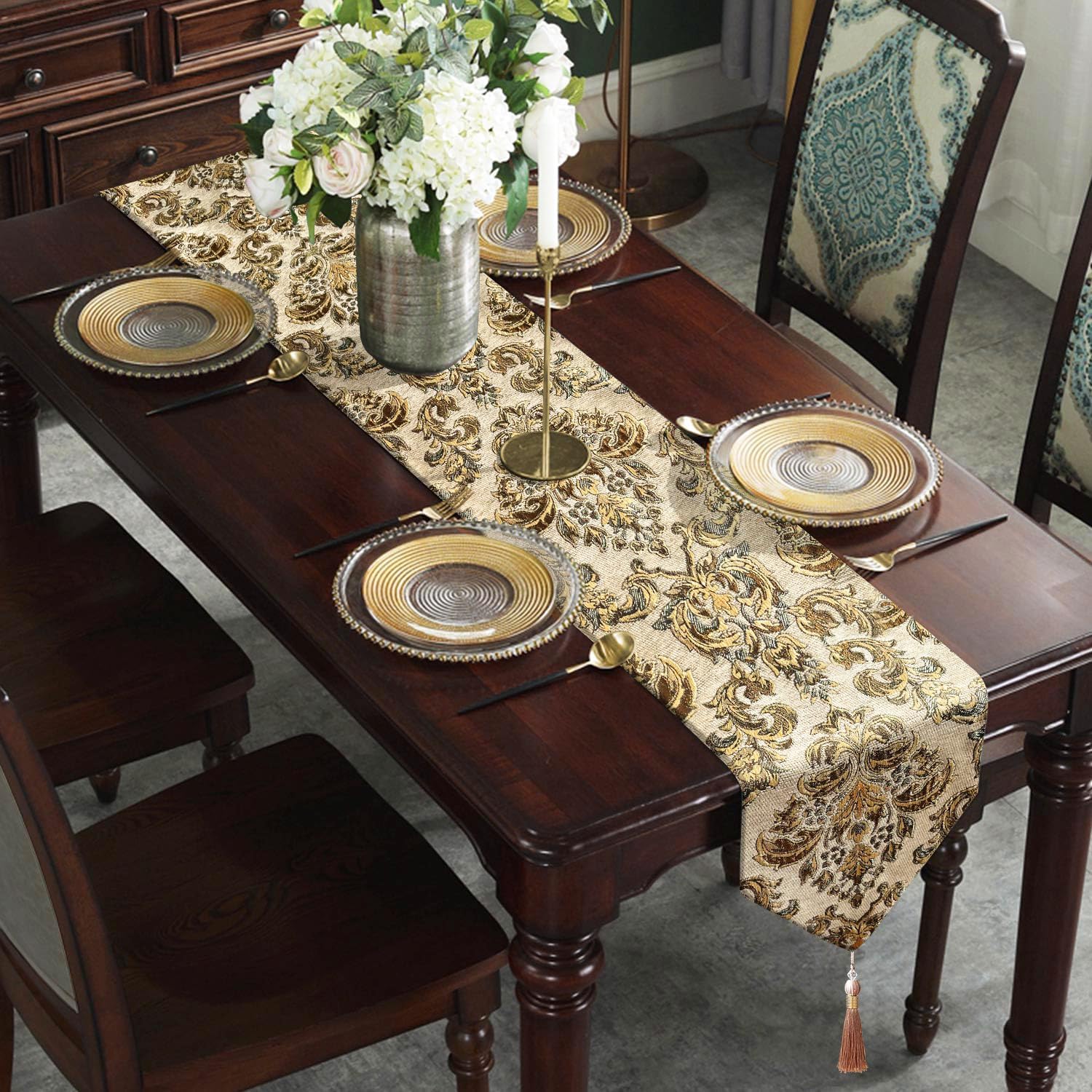 108 Inches Exquisite Gold Floral Jacquard Table Runner Thick Beige Chenille | for Christmas Dining