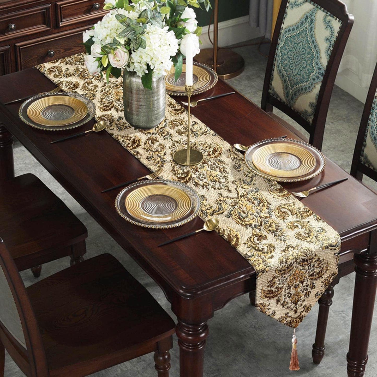 Large Dinner Table Runner Jacquard Chenille Floral Tablecloths Beige 120" | Baroque Style,for Table Decor at Christmas