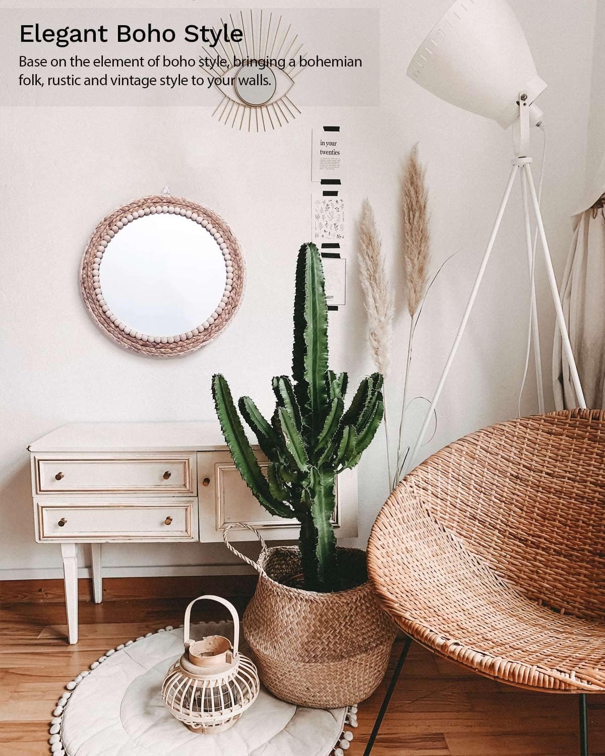 Boho Wall Mounted Round Mirror / 15 Inch