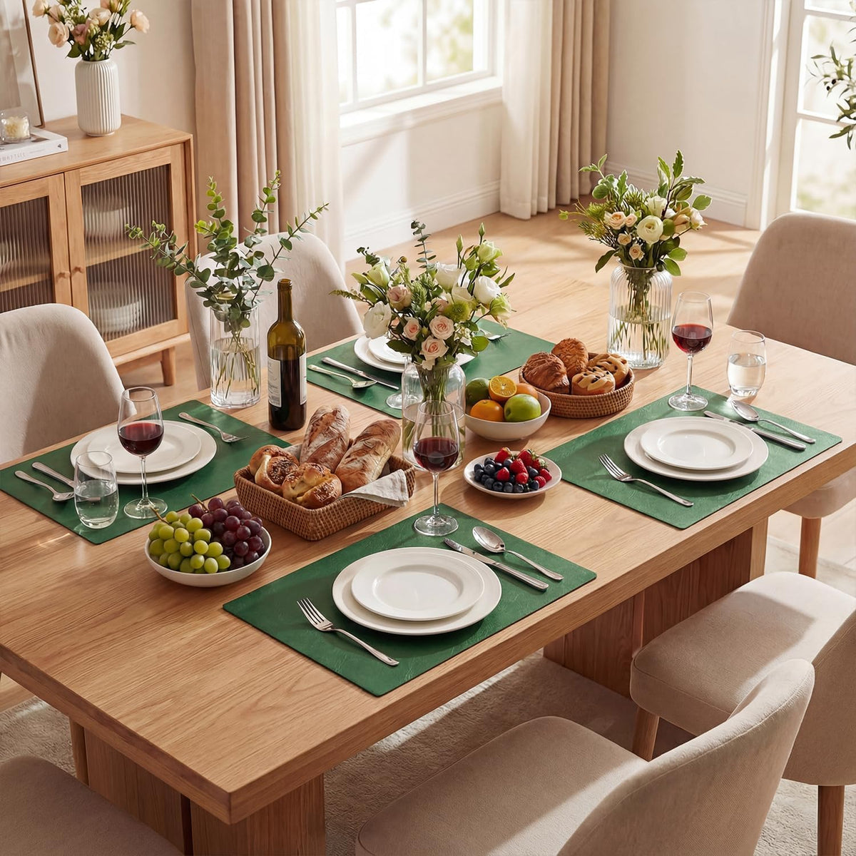 Artoid Mode Green Faux Leather Placemats Set of 8, 12x18 Inch Waterproof Wipeable Heat Resistant Vinyl Place Mats
