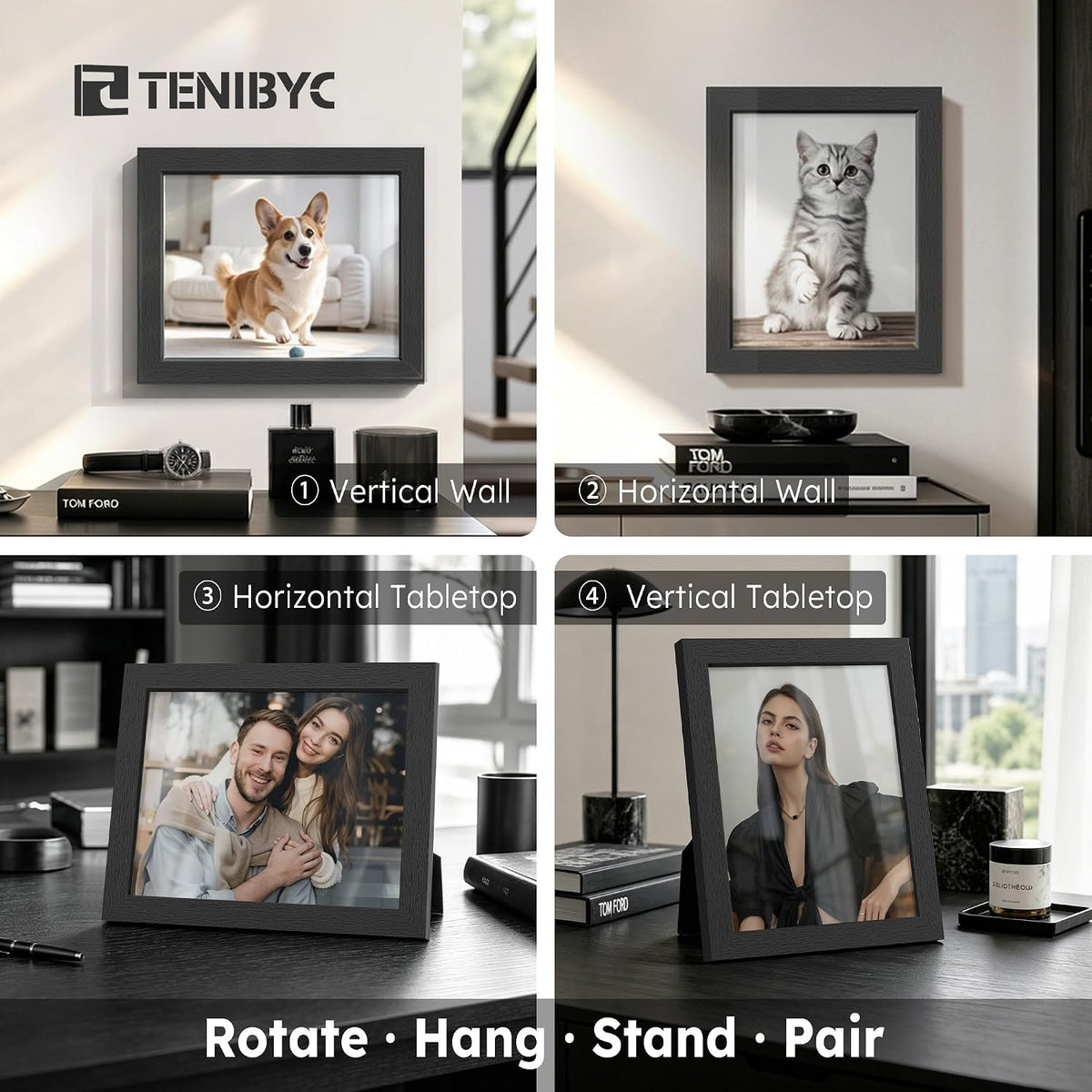 9x12 picture frame 3 Pack, Black Wood, Real Glass, for Photos | Thick HD Tempered Glass, Tabletop or Wall Hanging