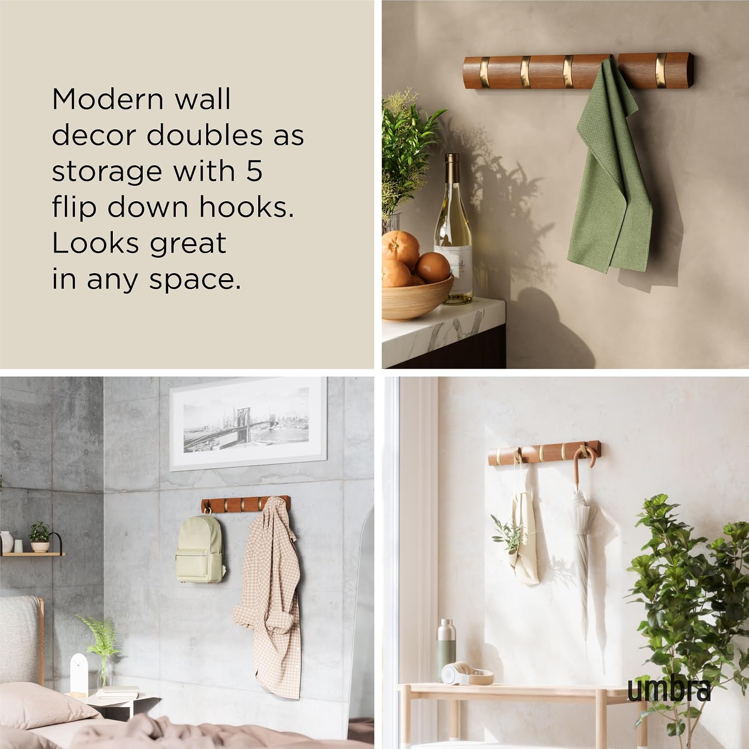 Umbra Flip Coat Rack, Wall Mounted 5-Hook Space Saving, Walnut/Gold | Real wood and steel build, retractable hooks fold