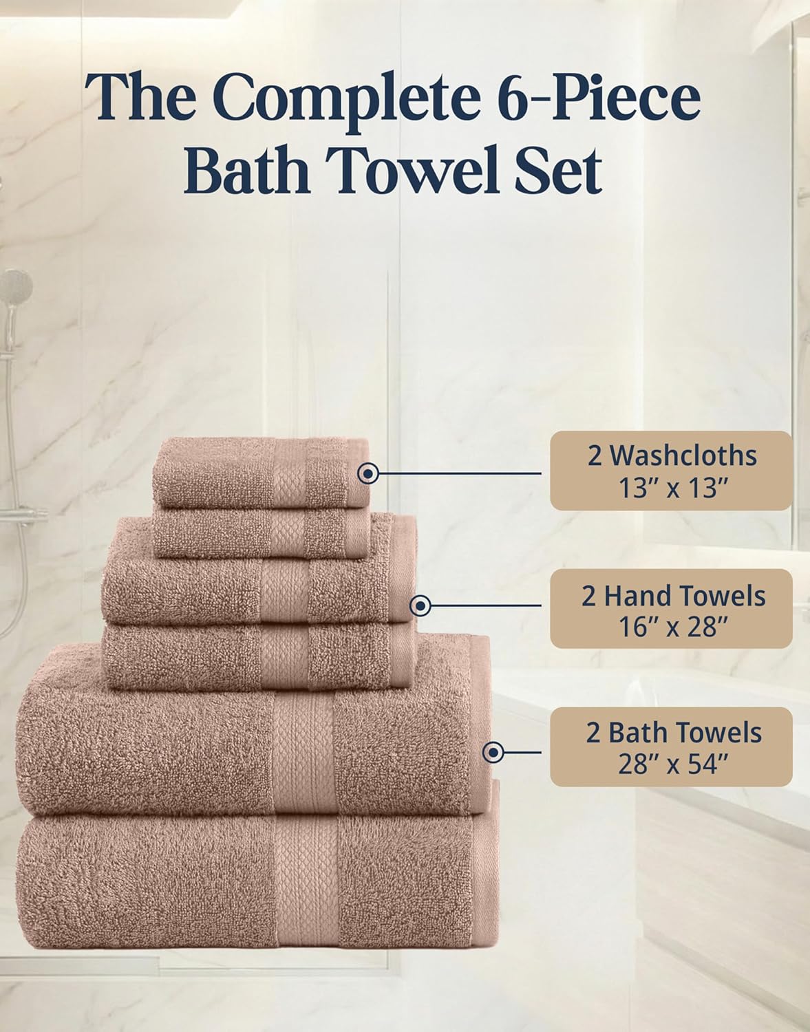 LANE LINEN Bath Towel Set Quick Dry 100% Cotton 6 Piece Soft - Taupe | Cotton Bath Towels - Classic Terry Weave