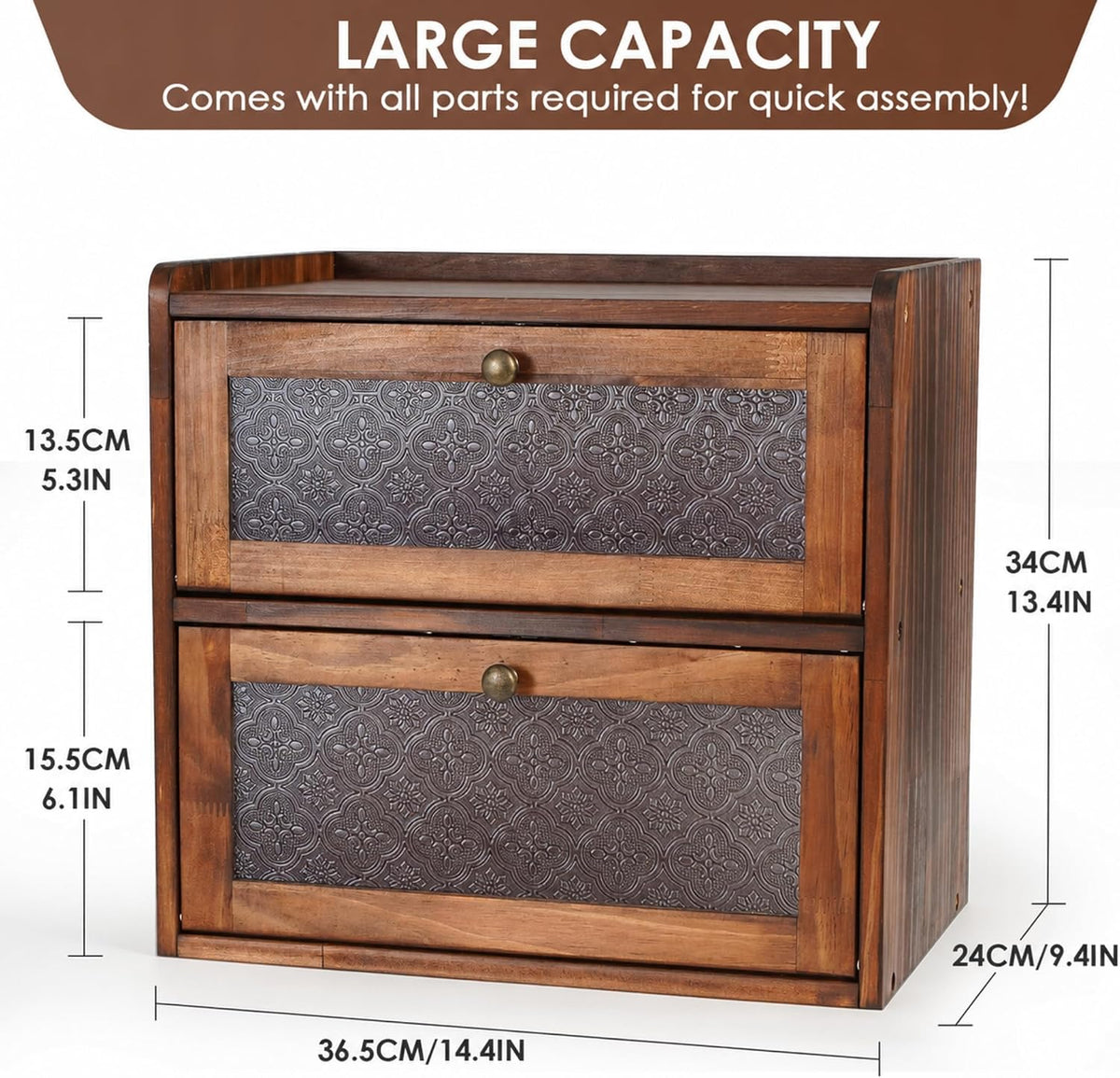 Sunhoo Bread Box for Kitchen Countertop, Large Pine Wood Breadbox, Brown | Farmhouse Pantry Container, Double Layer