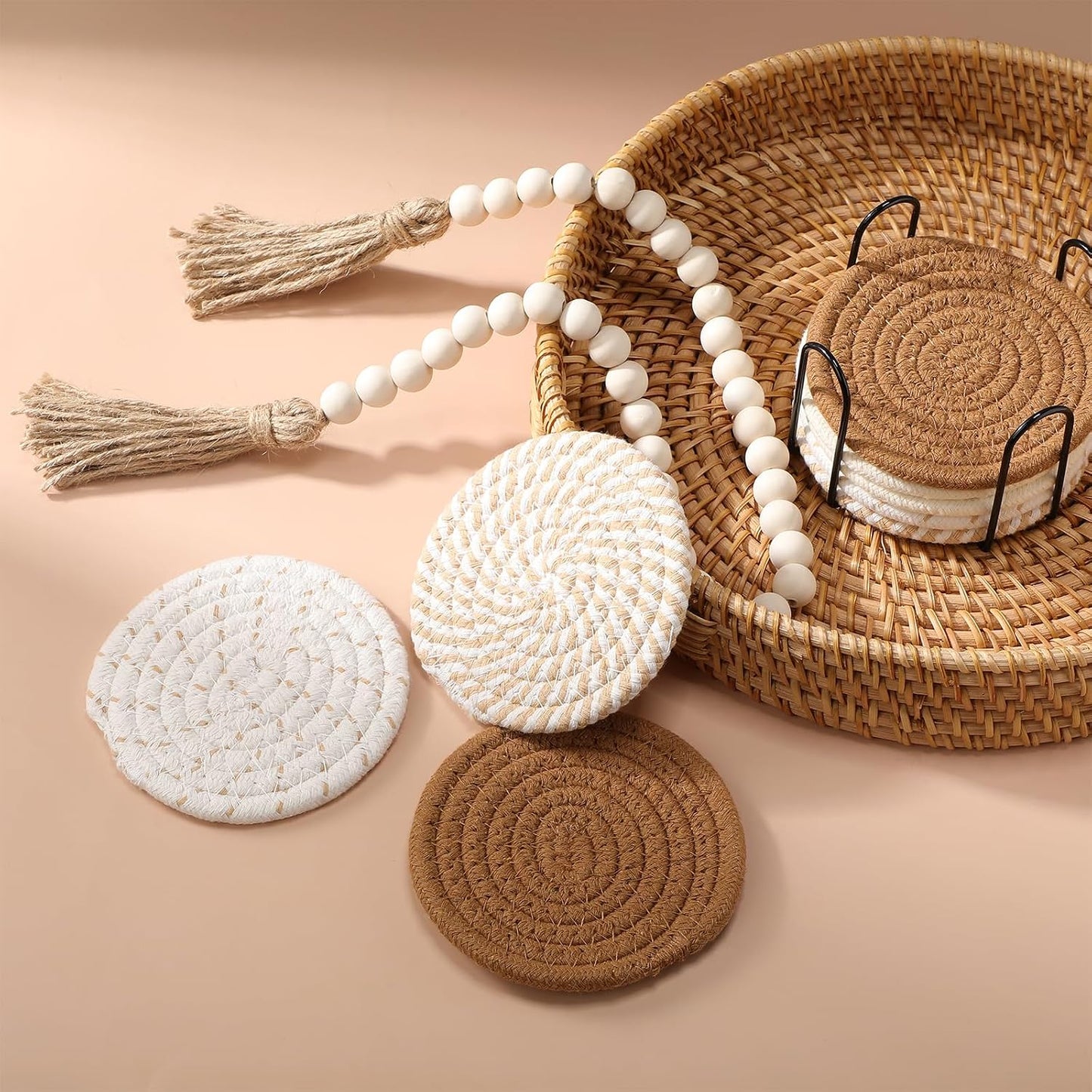11.8" Hand-Woven Round Wicker Tray Circle Rattan Decorative Serving Tray Cotton Woven Coaster Wood