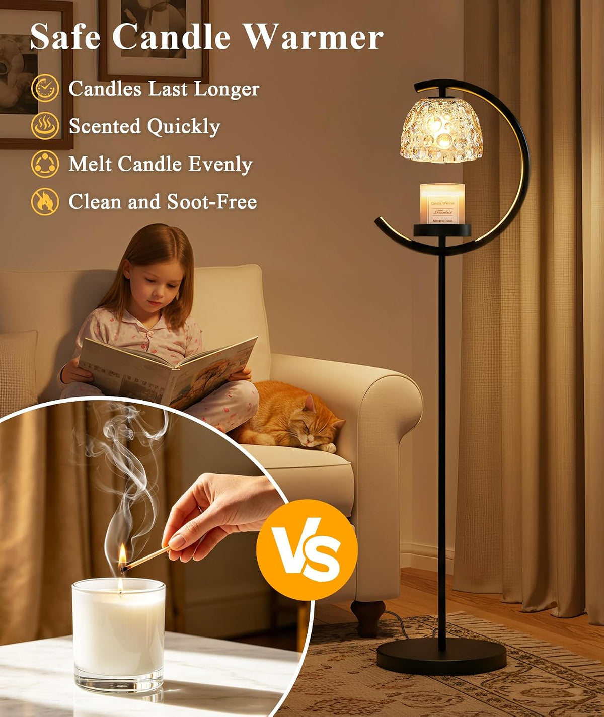 seenlast Candle Warmer Floor Lamp with Timer and Dimmer | Standing Electric Wax Melt Warmer for Home Decor, Living Room