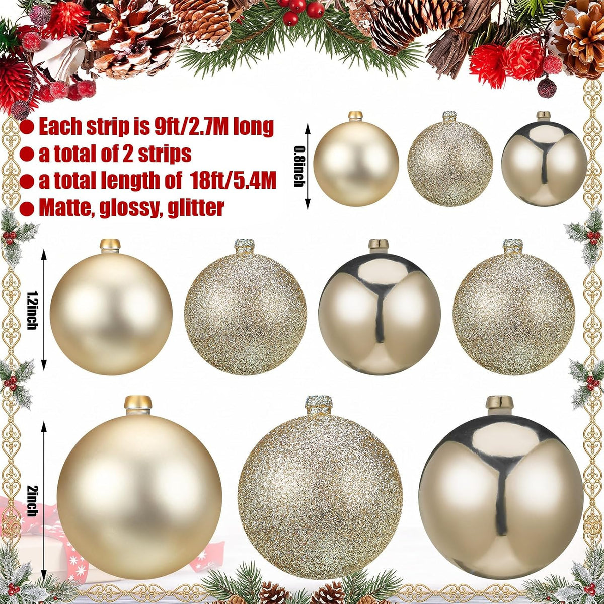 2 Pcs 9 ft Christmas Ball Ornament Garland, Champagne Gold | Bauble Bulb Christmas Tree Ball Decoration Shatterproof