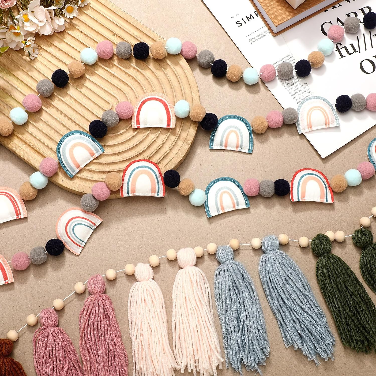 Boho Tassel Garland Wood Bead Tassel Garland Colorful Felt Rainbow Pom Pom / Sage Green / Set of 4