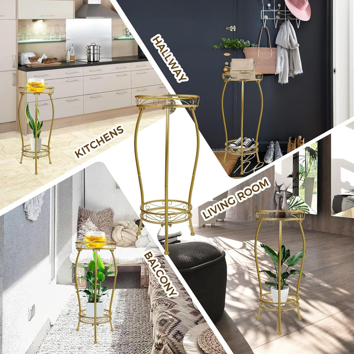 Kavlium Plant Stand Indoor Outdoor, Tall Metal, 2 Tier 27.1 Inch, Gold | Rustproof Metal, Stable 3-Leg Base, Heavy Duty