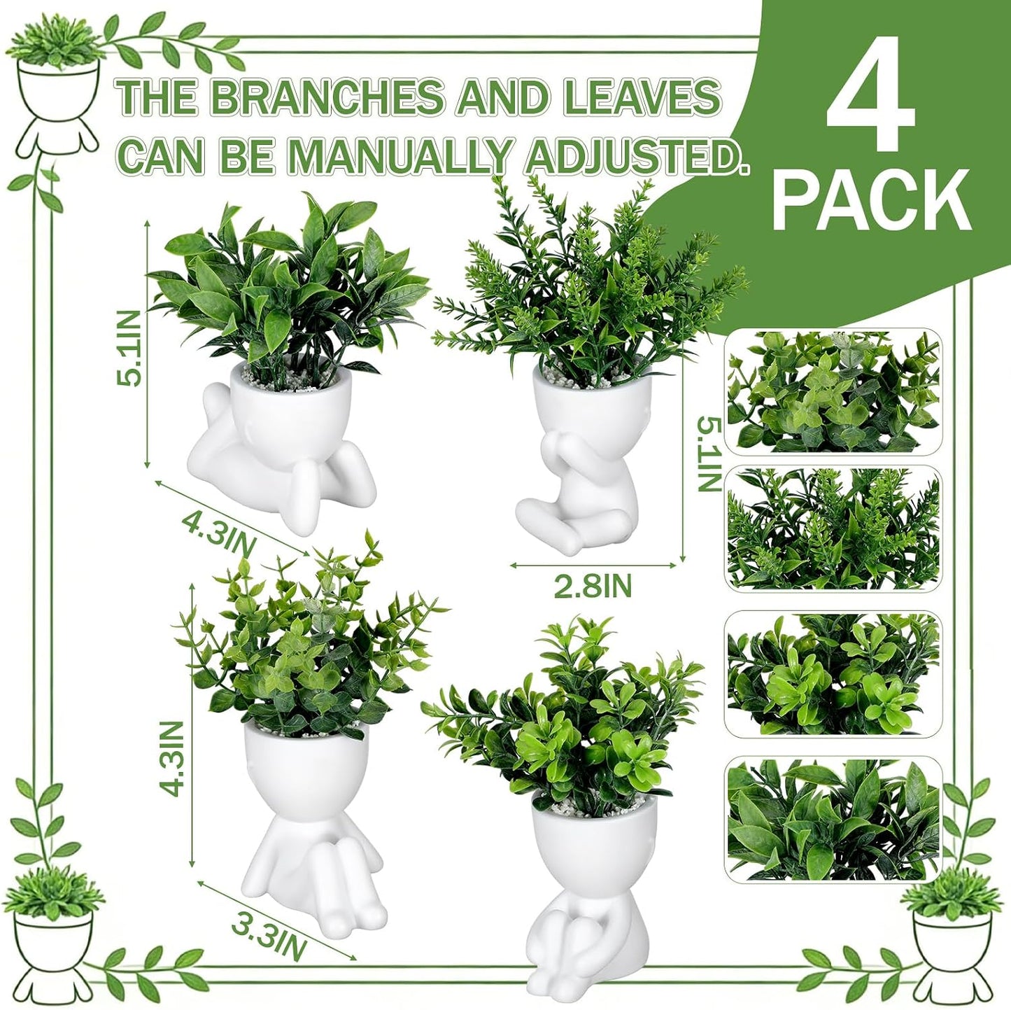 4 Packs Creative Fake Plants in Playful Human Shaped Pots Vase Desk Decor Mini / Greenery / Set of 4