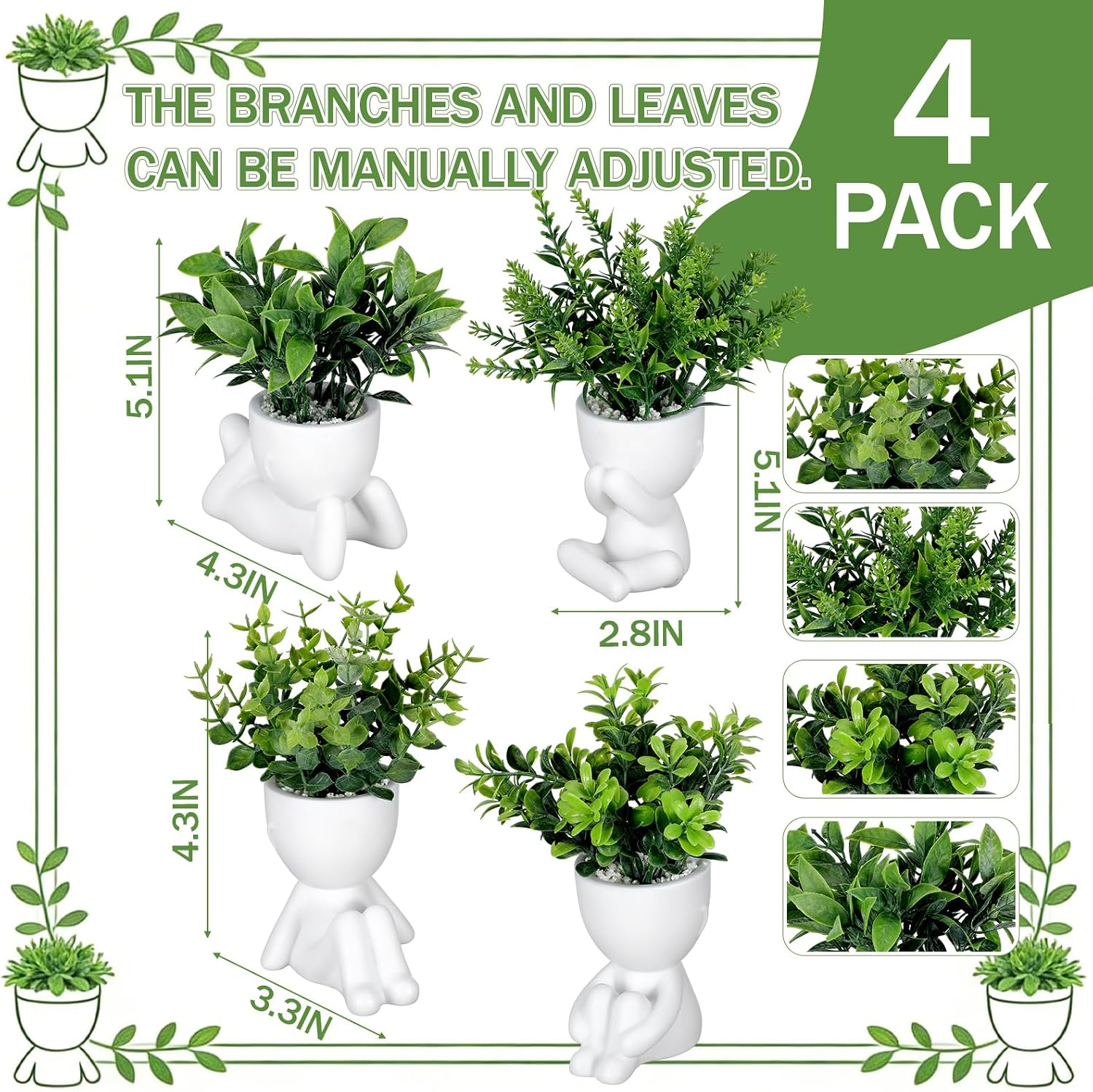 4 Packs Creative Fake Plants in Playful Human Shaped Pots Vase Desk Decor Mini / Greenery / Set of 4