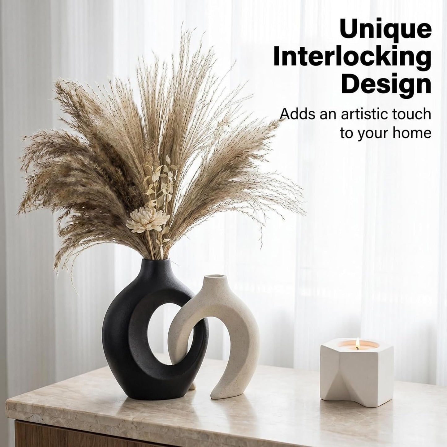 Black and Off-White Hollow Ceramic Vase / Black+off-white L / Set of 2