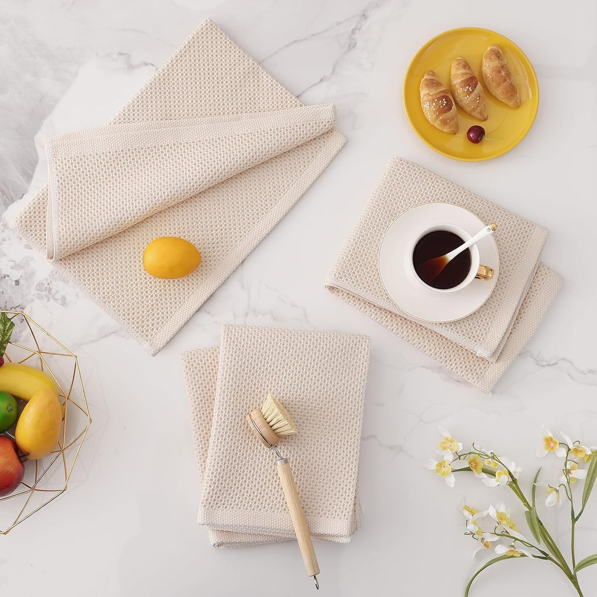 Homaxy 100% Cotton Oversized Waffle Weave Kitchen Towels 8-Pack, Beige | 20 x 28 Inches, Ultra Soft Absorbent Dish