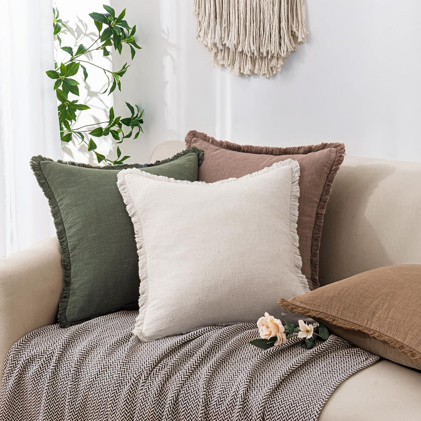 Decorative Linen Fringe Throw Pillow Covers Boho Farmhouse Soft Cushion / 20 x 20 / Brown / Set of 2