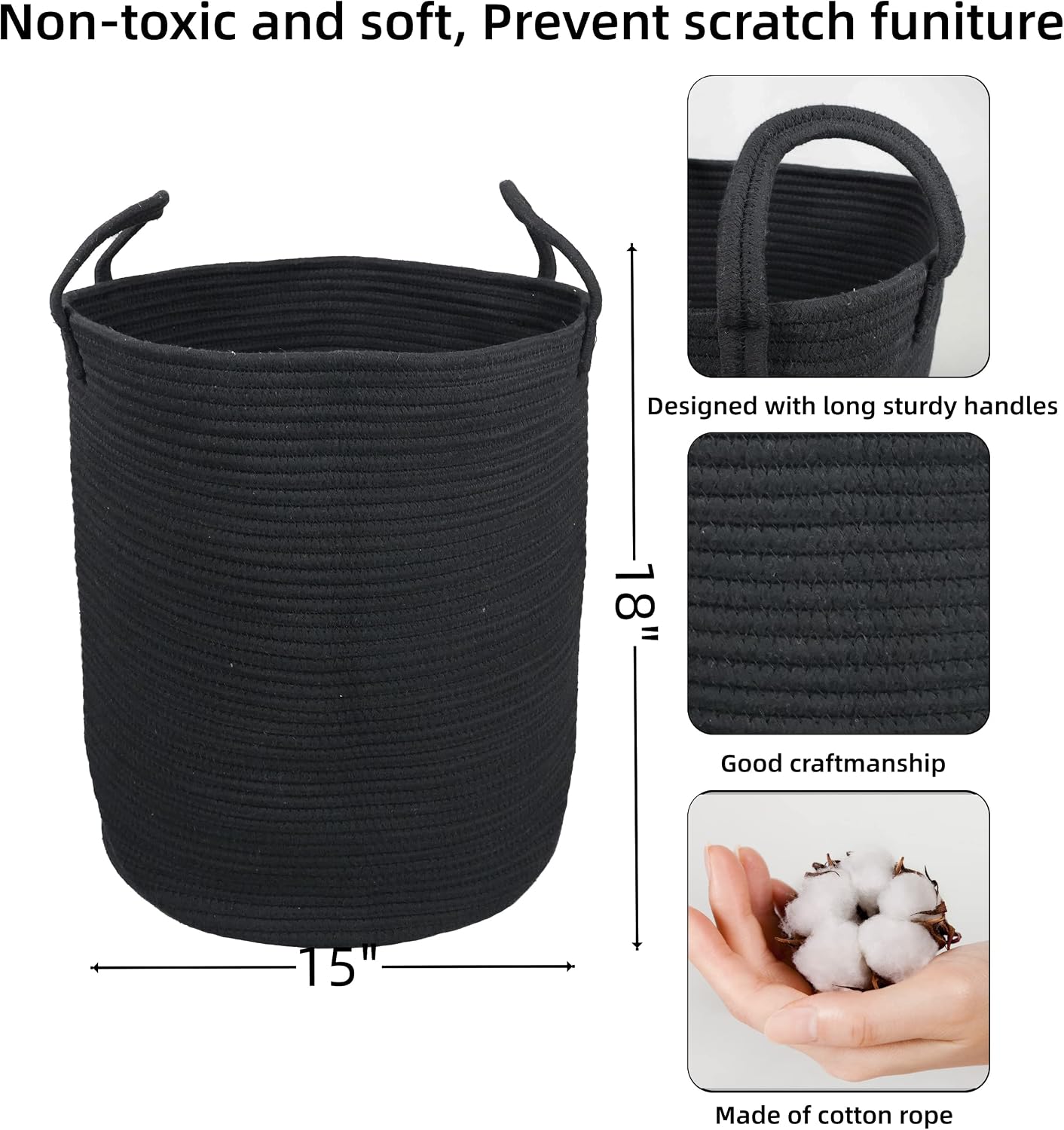 Cotton Rope Laundry Basket Hamper for Clothes Woven Storage Basket / Regular / Black