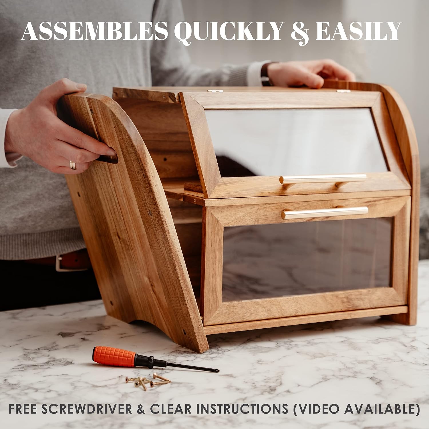 Arise Acacia Wooden Bread Box for Kitchen Countertop, Extra Large 2-Shelf | Bread Storage Container with Clear Windows