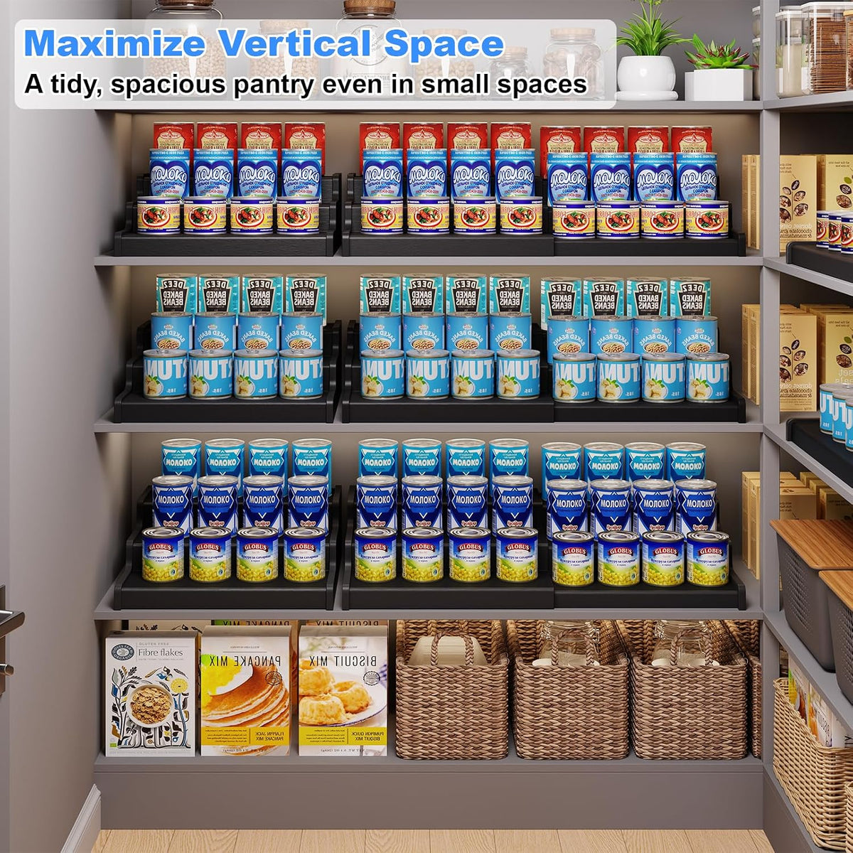 3-Tier Expandable Bamboo Can Organizer for Pantry, Holds 24 Cans, Black | Adjustable Can Storage Rack for Pantry, Can