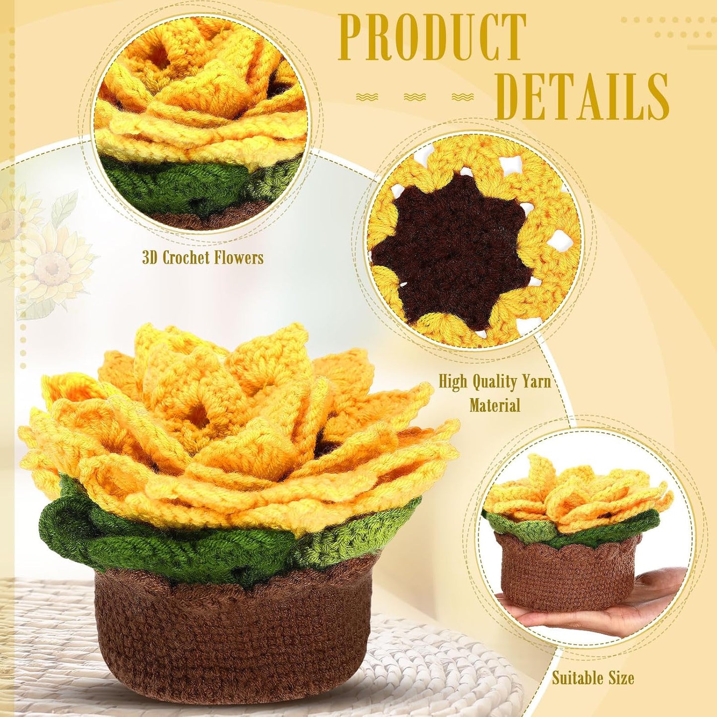 3D Crochet Flower Coasters Set / Yellow / Sunflower / Set of 15