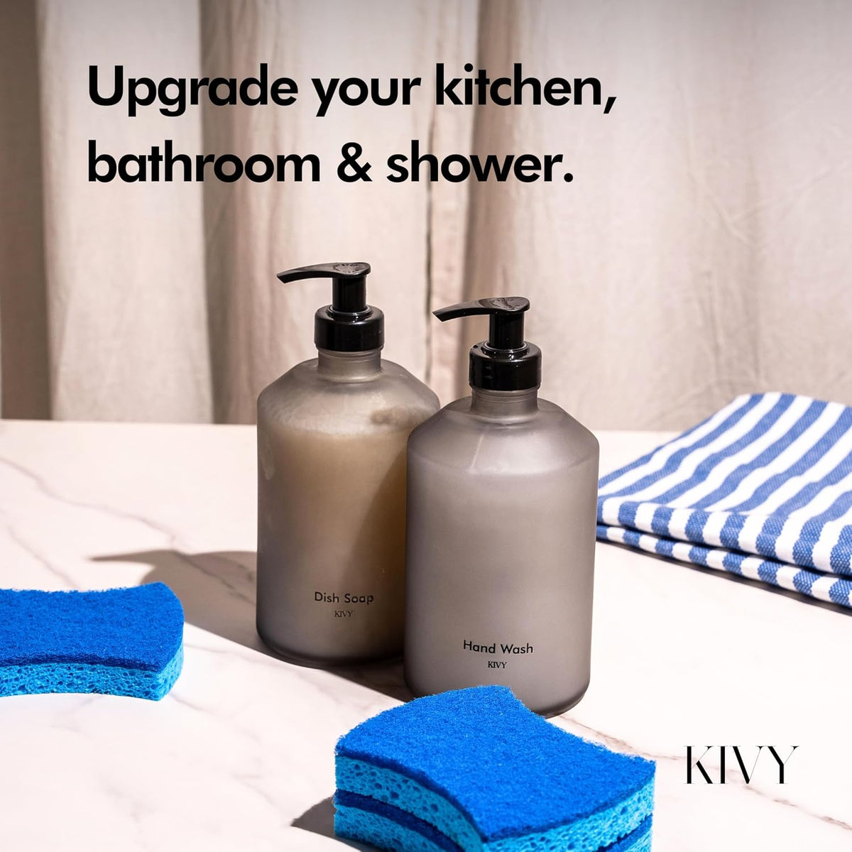 KIVY Glass Soap Dispenser Set [INCL. Waterproof Labels] - Glass Soap Dispenser with Pump - Hand Soap and Dish Soap Set