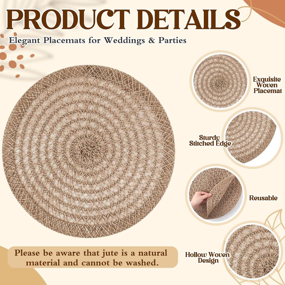 15 Inch Round Woven Placemats Set of 12 Burlap Boho Jute Charger Bulk Rustic Vintage Natural Brown Heat Resistant