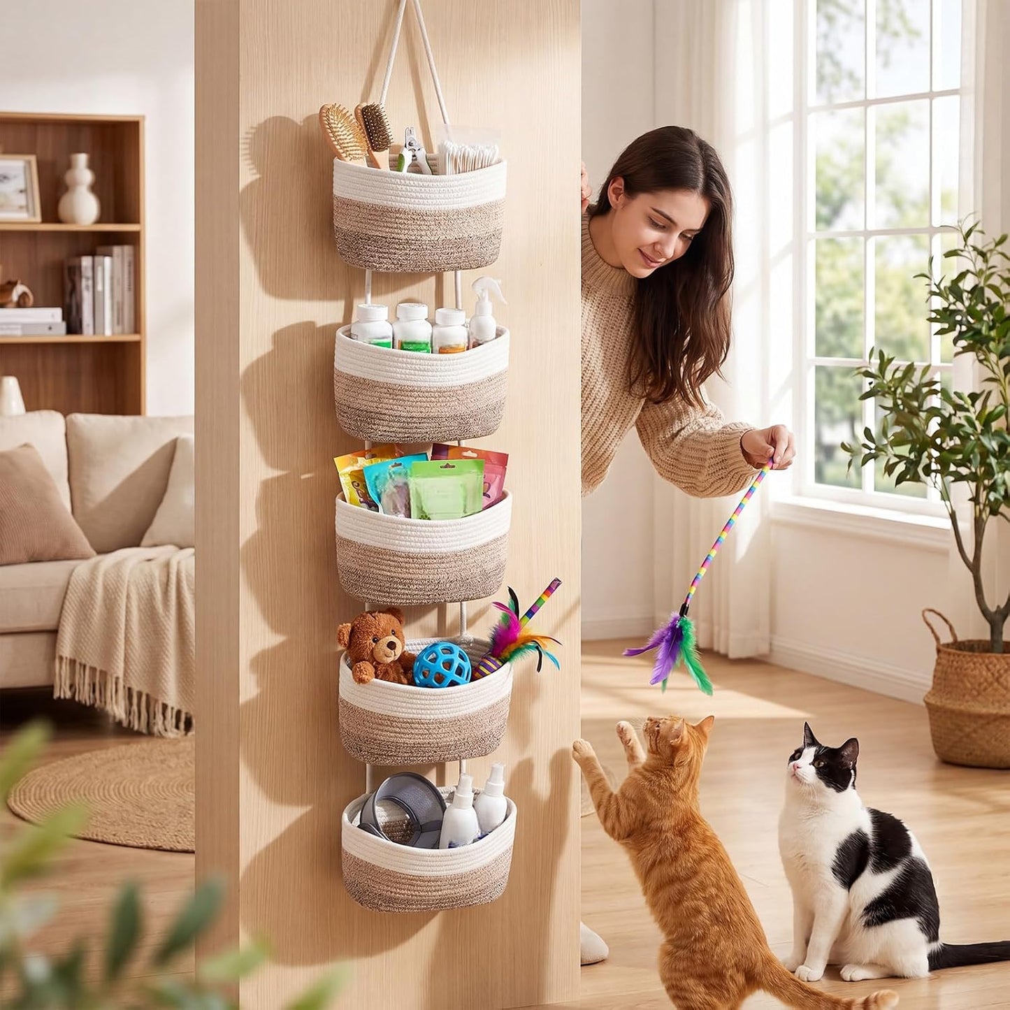 5 Tier Over The Door Hanging Basket Boho Woven Cotton Wall Mounted Storage Organizer Bag / Brown