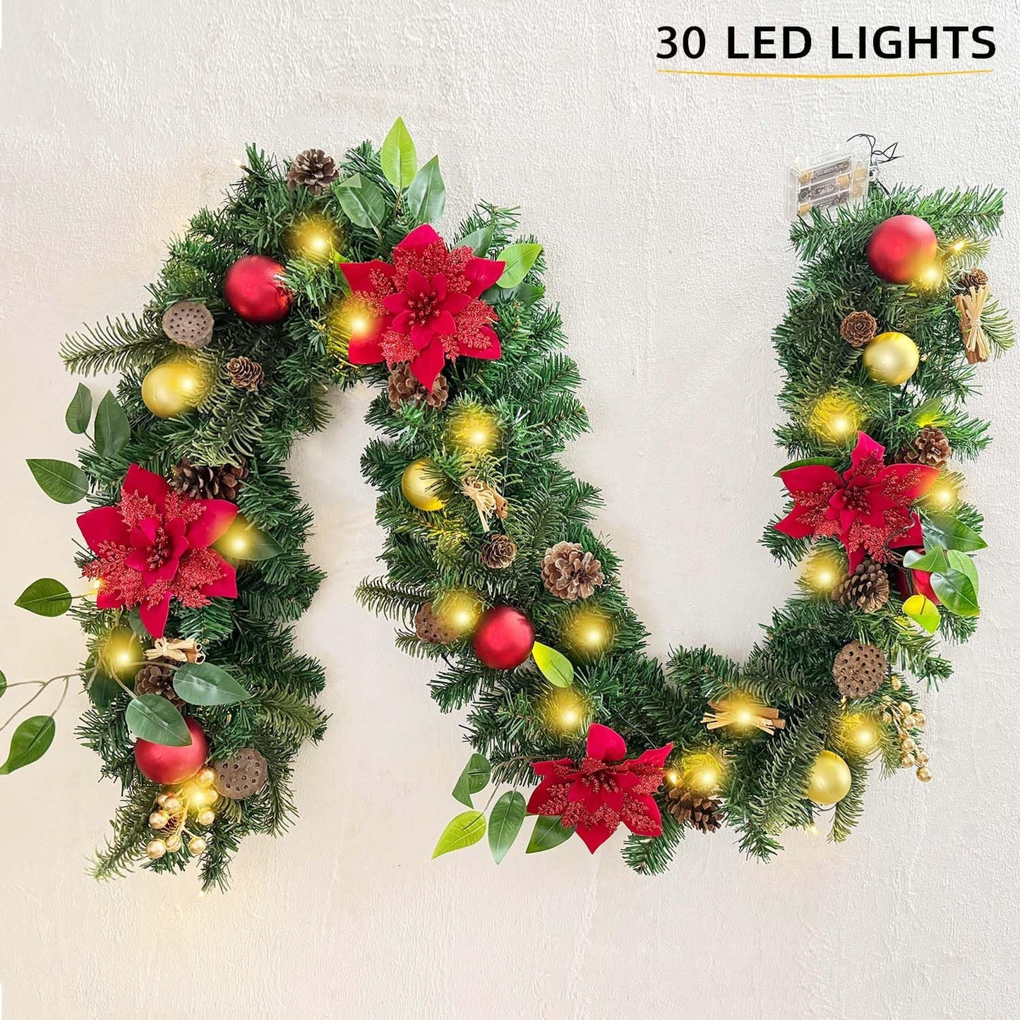WANNA-CUL Pre-Lit 6ft Red Gold Christmas Garland with 30 LED Timer Lights | Luxury Lighted Garland for Mantel with