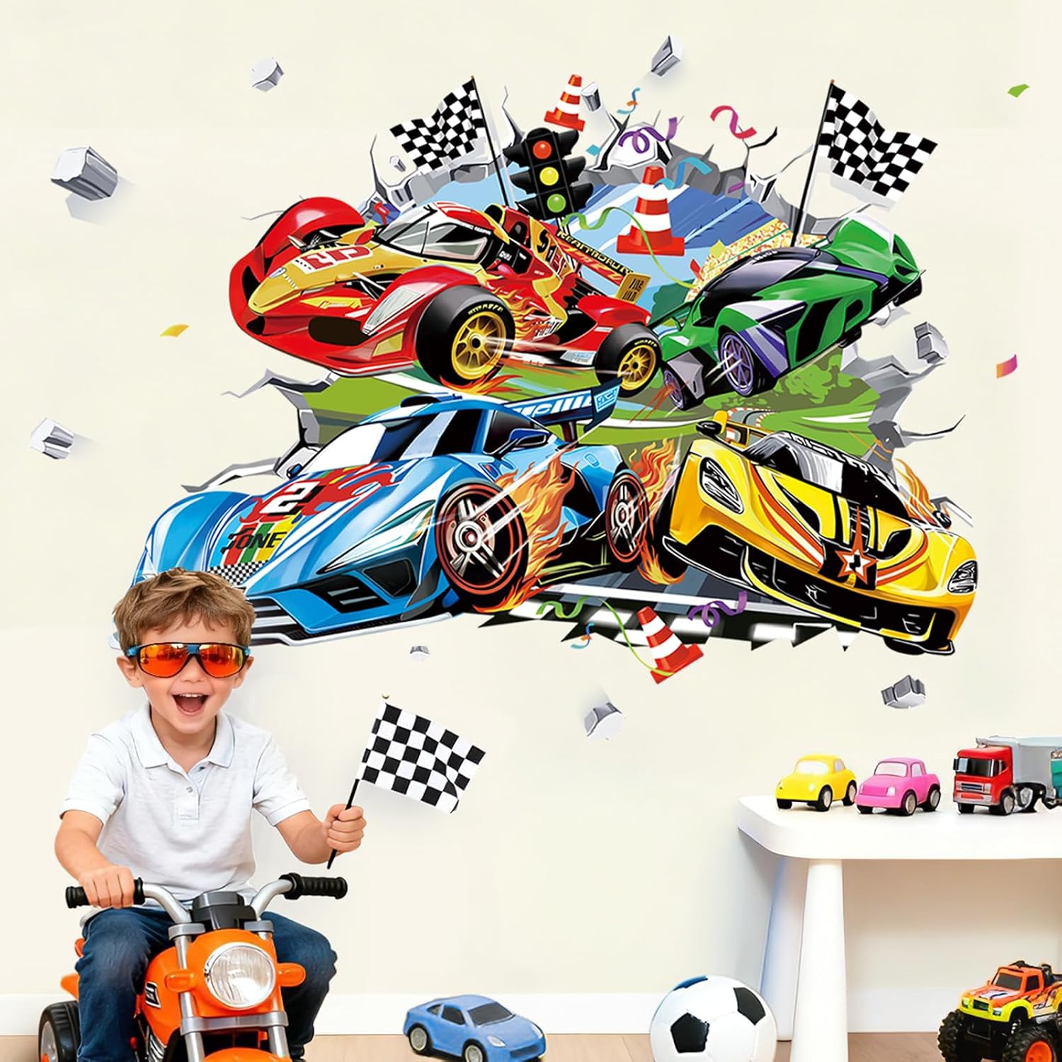 Large 3D Racing Car Wall Stickers Vehicles Break Through 4 Cars Peel and Stick Wall Art Decals