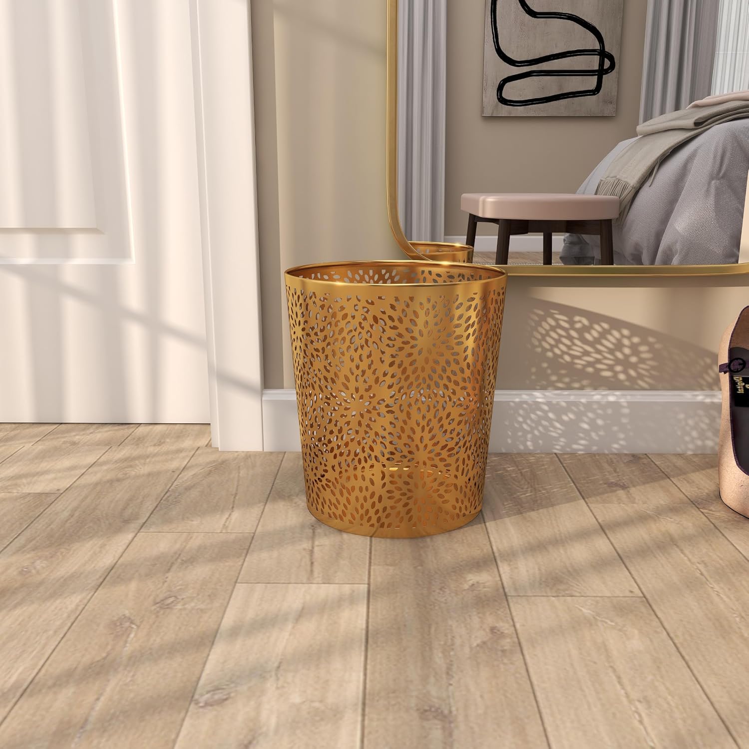 CosmoLiving Metal Floral Small Waste Bin, Trash Can 9" x 9" x 10", Gold | Office Bathroom Floral Waste Basket With