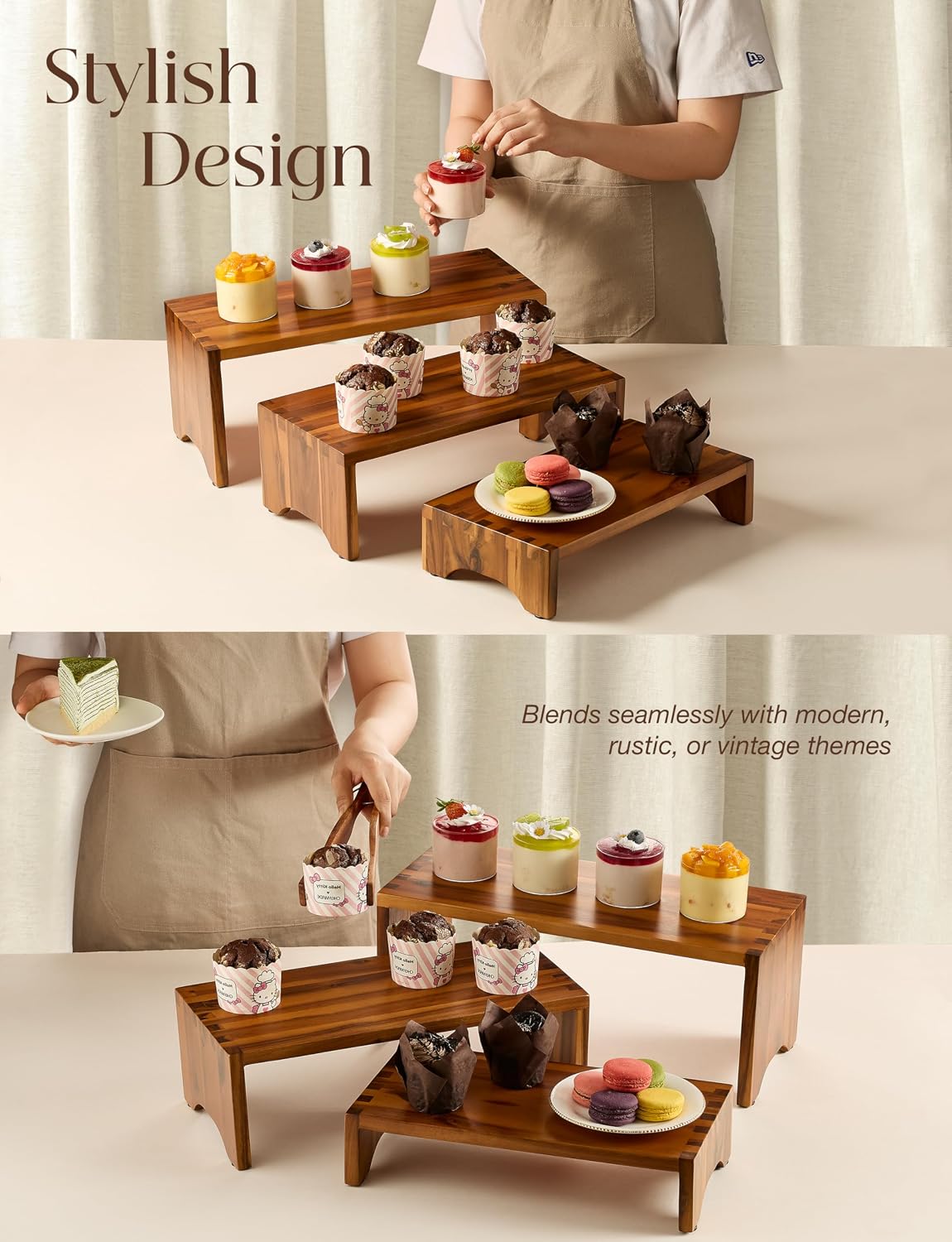 Tidita Wooden 3 Tier Cupcake Stand, Riser Display Stand with Non-Slip Pads | Set of 3 Size ,Solid Acacia Wood, No