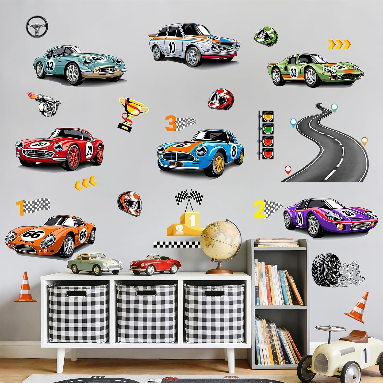 Racing Car Wall Decals Roads Vehicles Wall Stickers Vinyl Removable Wall Art for Boys Bedroom Kids