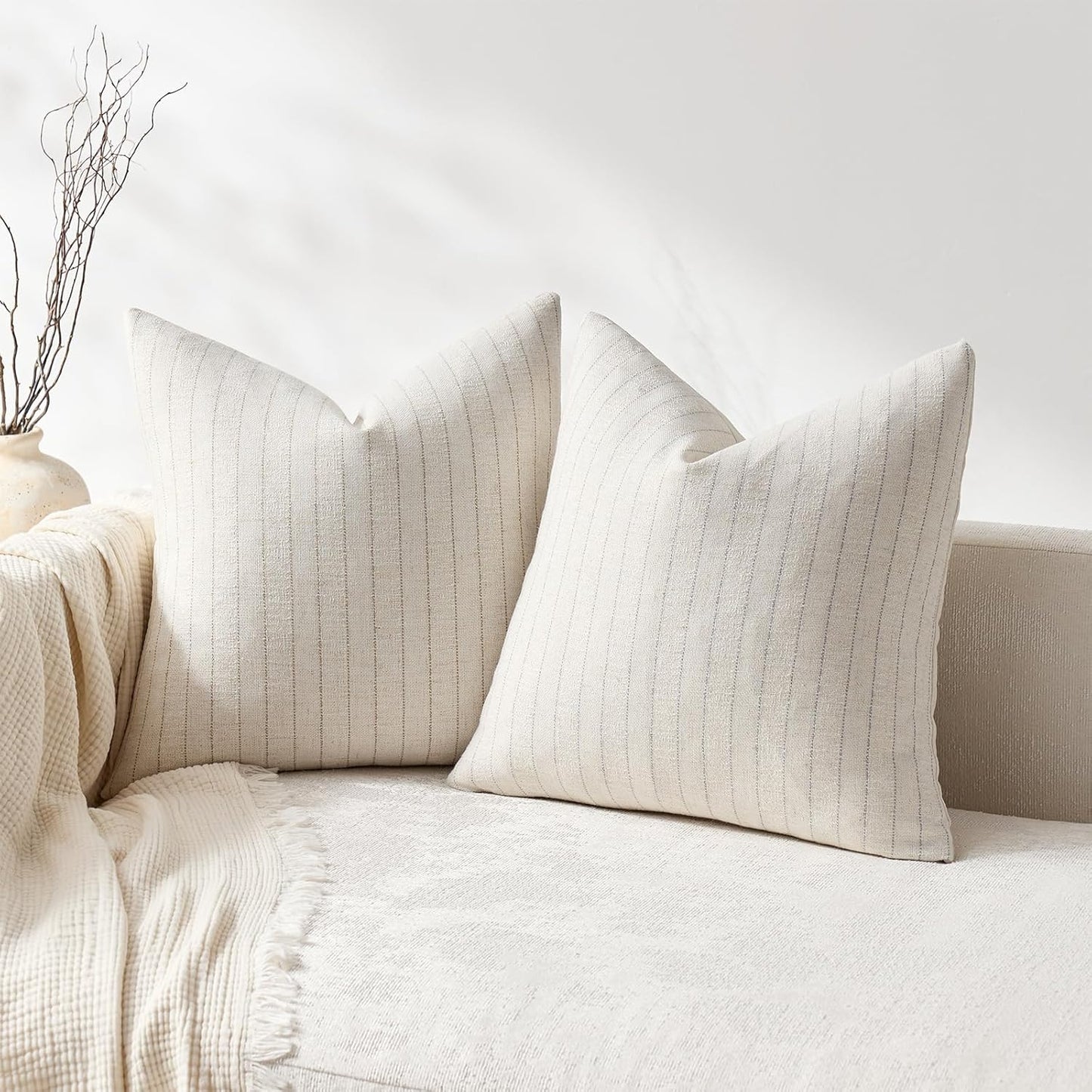 Linen Striped Throw Pillow Covers Neutral Couch Pillow Cases Farmhouse / Grey / 18 x 18 / Set of 2