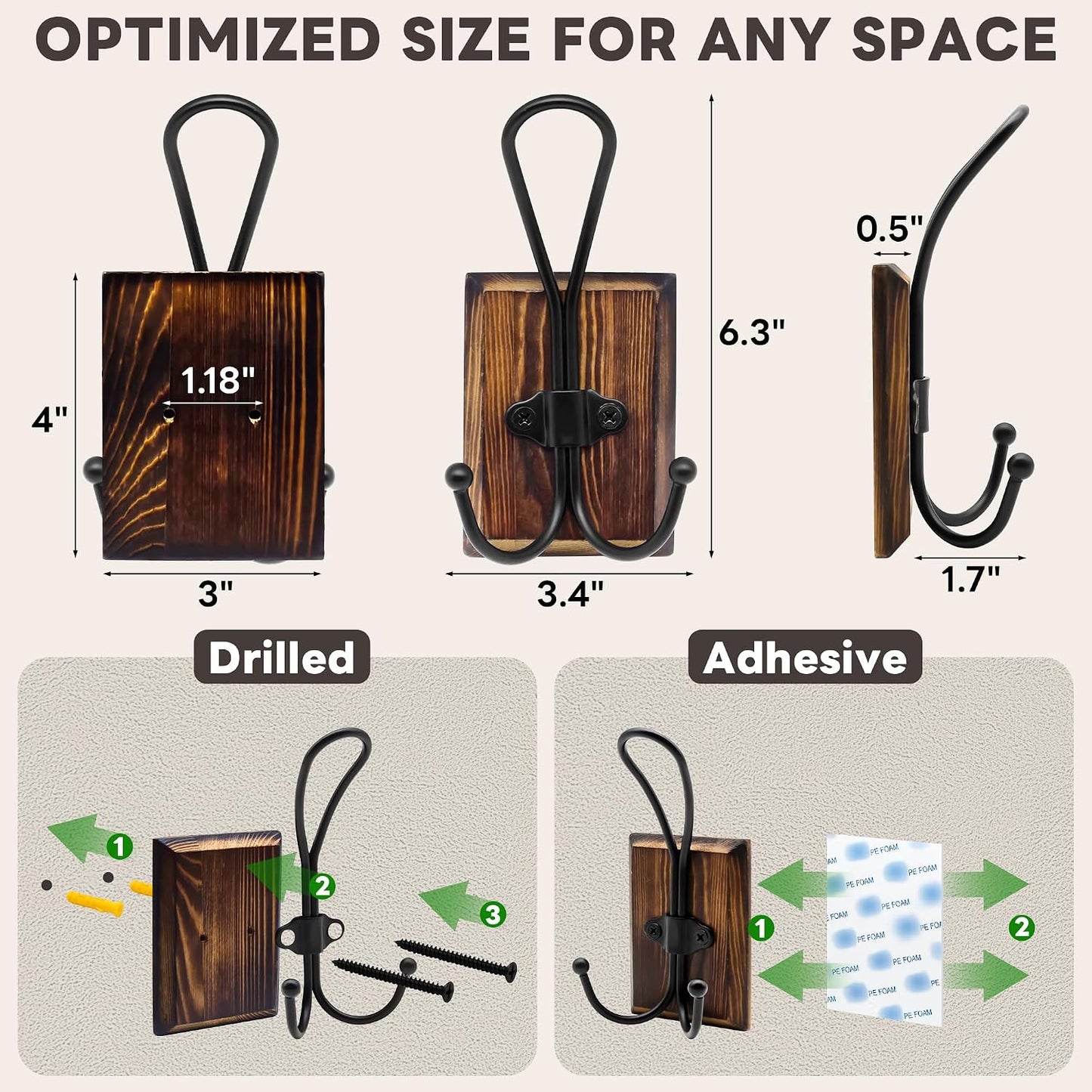 Rustic Wood Wall Hooks / Brown / Set of 2