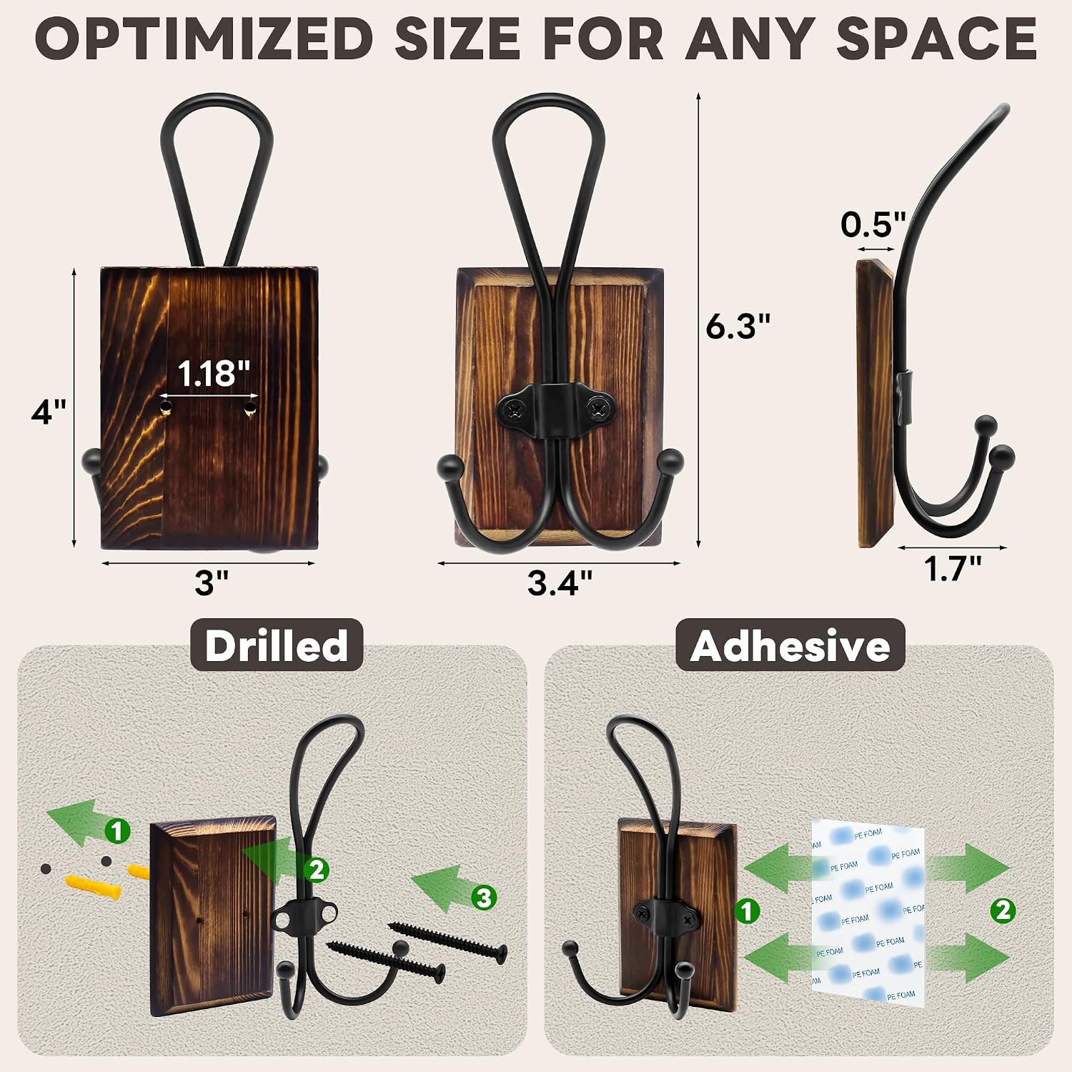Rustic Wood Wall Hooks / Brown / Set of 2