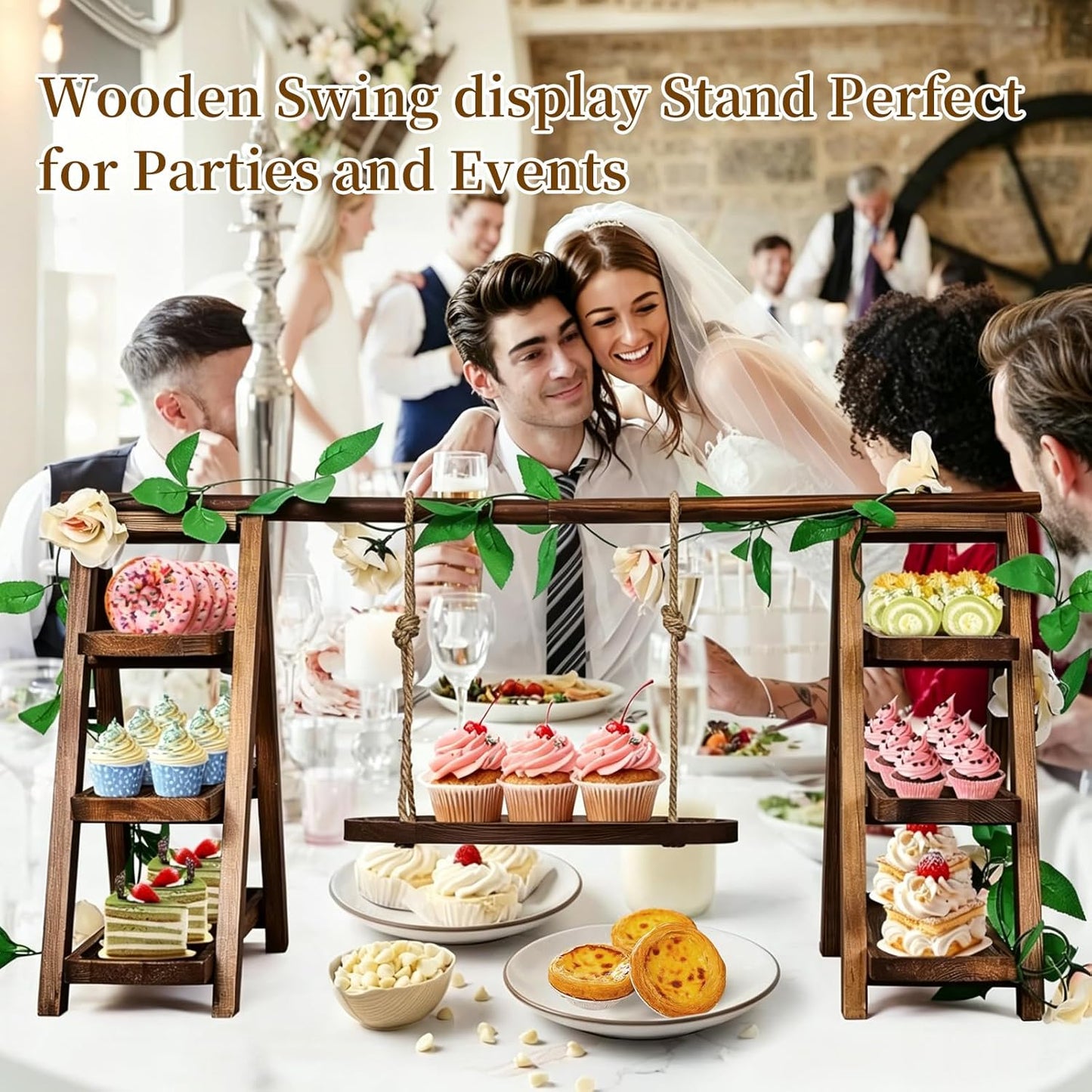 Large Wooden 3 Tier Swing Cupcake Stand / Brown